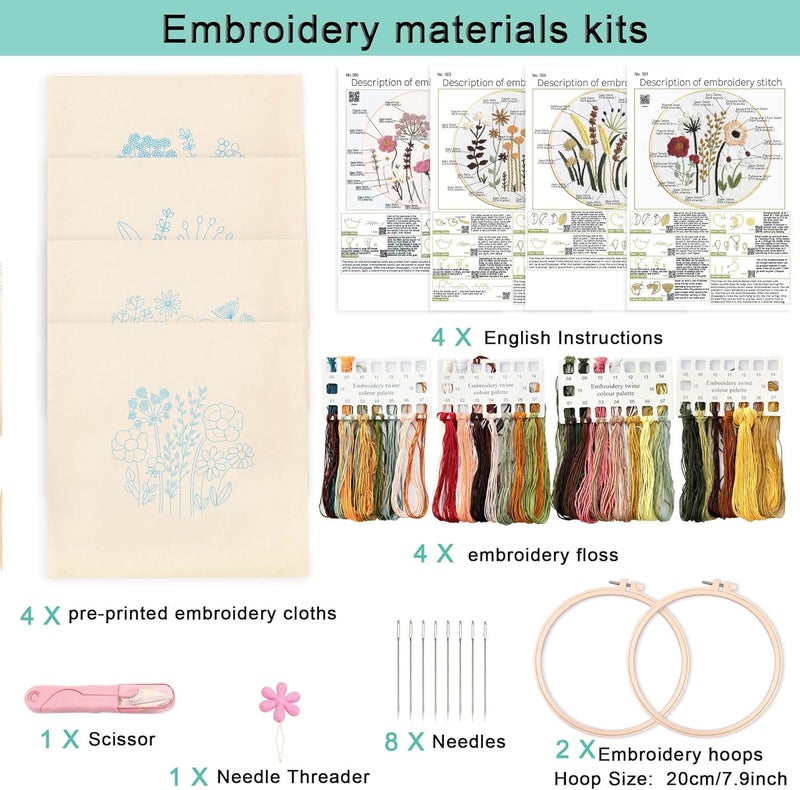 REEWISLY 4ps Embroidery Starter kit with Flowers Patterns and Instructions, DIY Adult Beginner Cross Stitch Kits, Including 2 Plastic Embroidery Hoop, 1 Pair of Scissors, Colored Threads and Needles - Image 2